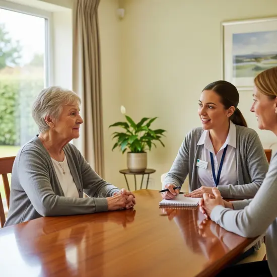 Pflegeberater bespricht mit Seniorin und Angehöriger eine mögliche Höherstufung, offene und ruhige Gesprächsatmosphäre.