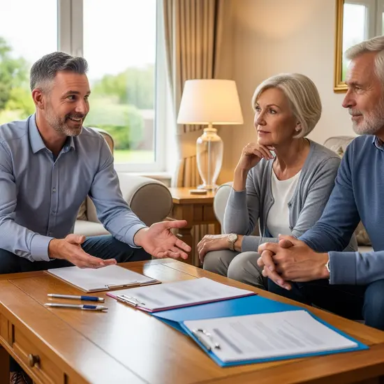 Berater erklärt einem Paar zu Hause die Pflegeleistungen, Unterlagen ohne lesbaren Text auf dem Tisch.