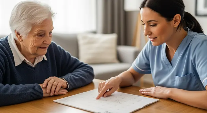 Senior mit leichter Demenz sitzt mit Betreuerin am Tisch, beide schauen auf einen Kalender ohne lesbaren Text.