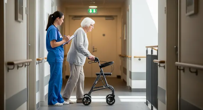 Pflegerin bewertet Mobilität, Senior geht mit Gehhilfe im Flur, neutrale Umgebung.