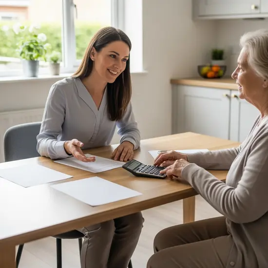 Pflegeberaterin erläutert am Küchentisch finanzielle Leistungen, Taschenrechner und neutrale Unterlagen ohne lesbaren Text.