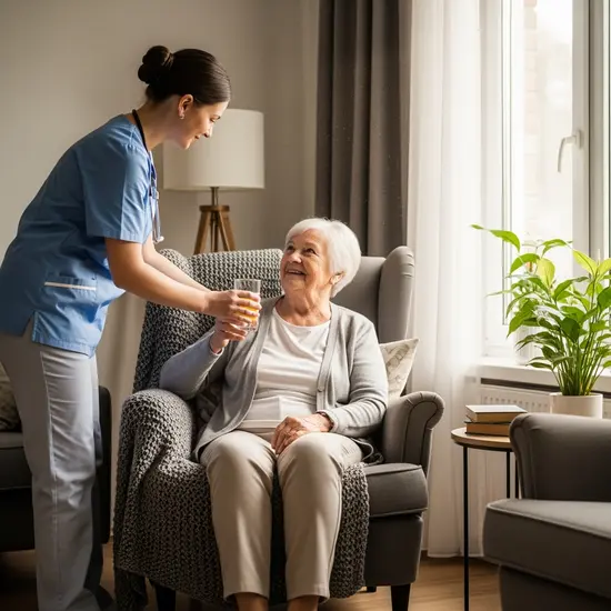 Ambulanter Pflegedienst betreut Seniorin zu Hause, Pflegerin reicht ein Getränk, warme, vertrauensvolle Szene.