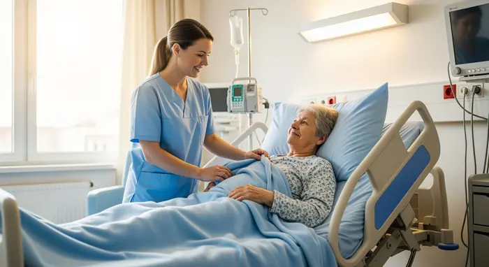 Senior liegt entspannt in einem Pflegebett; Pflegekraft richtet die Decke und lächelt beruhigend.