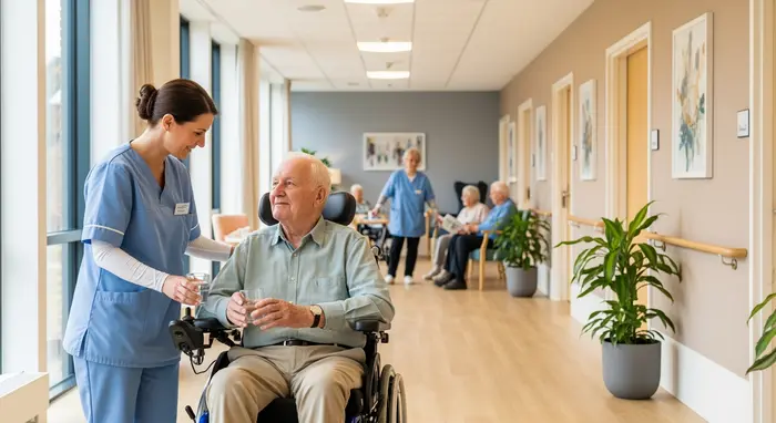Älterer Mann wird während einer Kurzzeitpflege in einer modernen Einrichtung betreut; helle Flure, freundliche Atmosphäre.