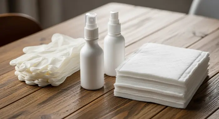 Pflegehilfsmittel zum Verbrauch: Ein Set aus Einmalhandschuhen, Desinfektionsspray und Bettschutzeinlagen liegt ordentlich auf einem Holztisch.