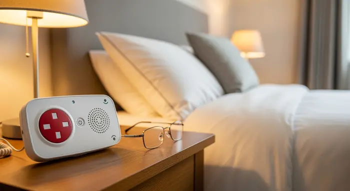Hausnotrufgerät mit großer Taste steht auf einem Nachttisch neben einem Bett; daneben eine Lesebrille.