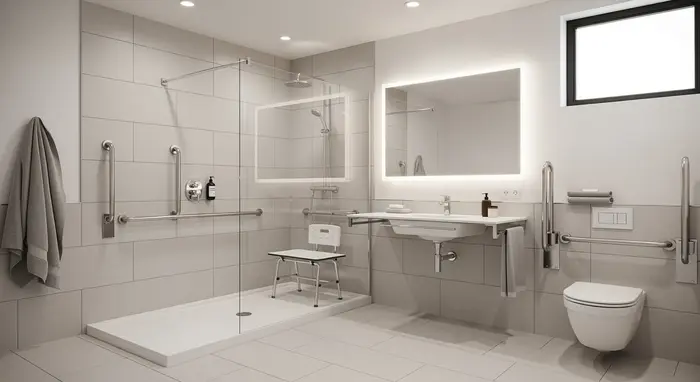 Modernes, barrierefreies Badezimmer mit bodengleicher Dusche, Haltegriffen und Duschsitz.