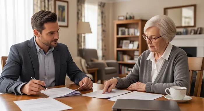 Gutachter besucht eine Seniorin zuhause und prüft Unterlagen; respektvolle, sachliche Atmosphäre.