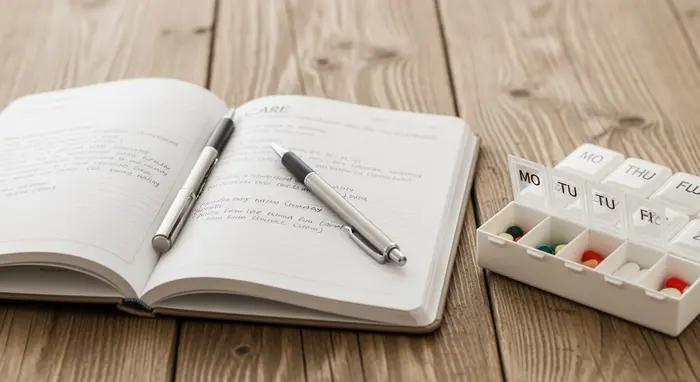 Offenes Pflegetagebuch mit Stift liegt neben Medikamentenbox auf einem Holztisch.