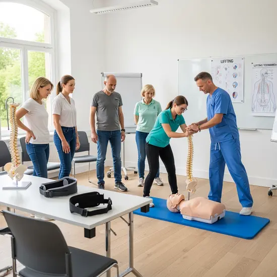 Kleingruppe in einem Pflegekurs übt rückenschonendes Heben mit einer Pflegekraft; heller Seminarraum.