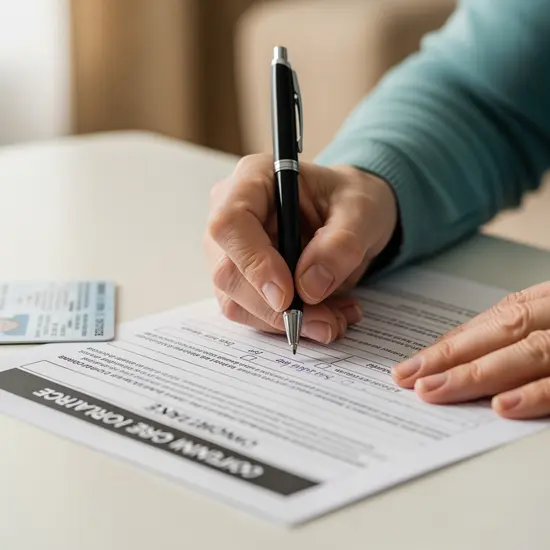 Nahaufnahme von Händen, die ein Formular zur Pflegeversicherung ausfüllen, daneben ein Ausweis und ein Kugelschreiber.