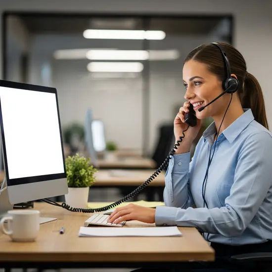 Freundliche Service-Mitarbeiterin mit Headset telefoniert an einem modernen Arbeitsplatz; auf dem Bildschirm sind keine lesbaren Texte.