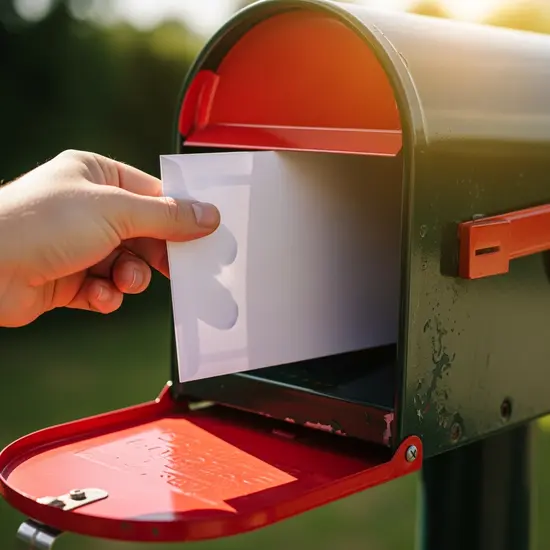 Nahaufnahme einer Hand, die einen Brief in einen Briefkasten wirft; sonniger Tag, rote Briefkastenklappe.