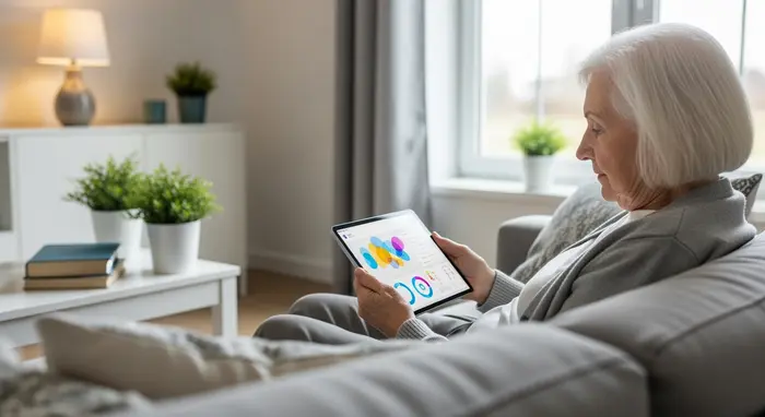 Seniorin sitzt auf einem Sofa und nutzt ein Tablet mit einer Gesundheits-App; ruhiges Wohnzimmer, großes Display ohne lesbaren Text.