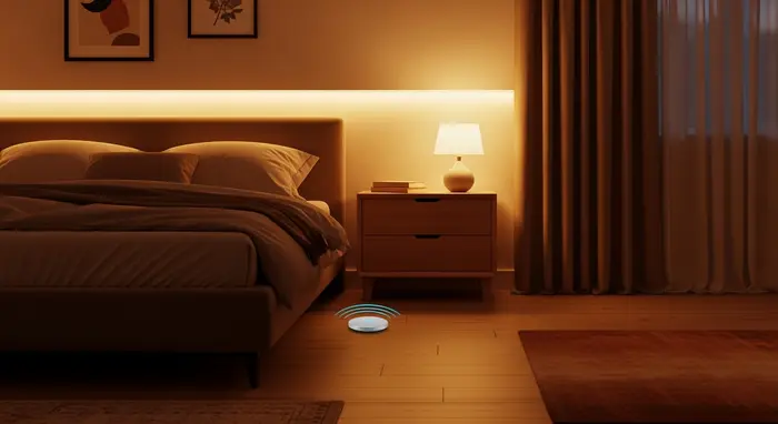 Diskrete Sensorscheibe am Bett registriert Bewegung; Schlafzimmer in warmen Tönen, abends.