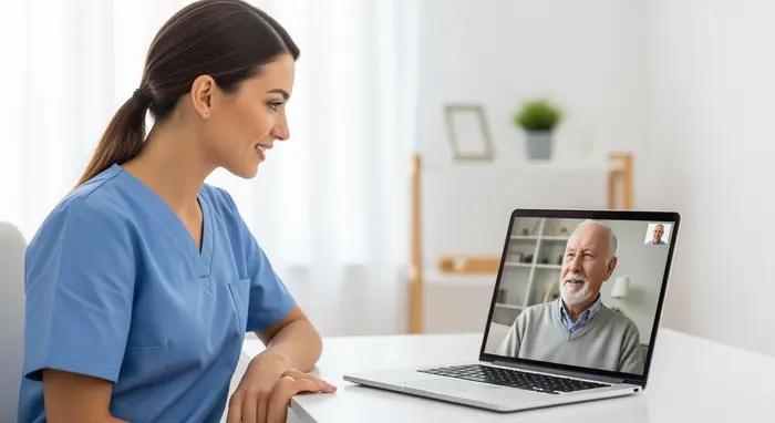 Pflegekraft führt ein Videotelefonie-Gespräch mit einem Senior auf einem Laptop; freundliche Beratungsszene.