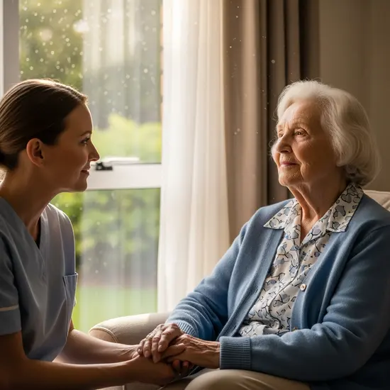 Seniorin mit Demenz sitzt ruhig am Fenster, eine Pflegekraft hält ihre Hand; sanftes Licht.