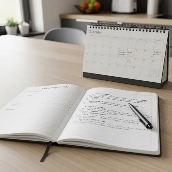 Offenes Notizbuch mit Pflegetagebuch-Einträgen, daneben Kalender und Stift auf einem Küchentisch.