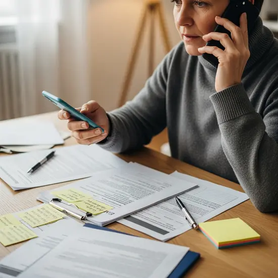 Angehörige bespricht am Telefon einen Termin mit einer Pflegeberatung; Notizzettel und Unterlagen liegen bereit.