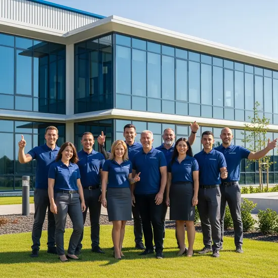 Mitarbeiterinnen und Mitarbeiter in Firmenkleidung stehen lächelnd vor einem modernen Industriegebäude; unterschiedliche Altersgruppen, sonniger Tag.