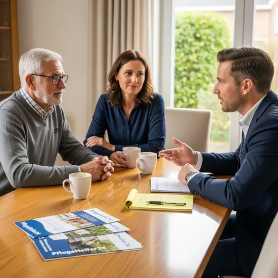 Berater von PflegeHelfer24 spricht mit einem Senior und seiner Tochter am Esstisch; Broschüren und Notizblock liegen bereit.