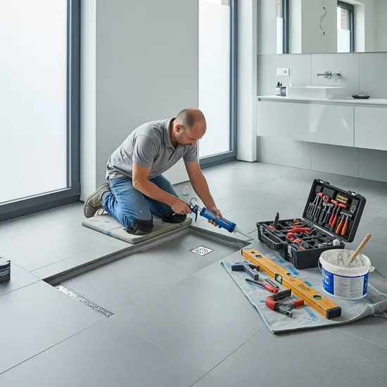 Handwerker installiert eine bodengleiche Dusche in einem Badezimmer; professionelle Ausrüstung, sauberer Arbeitsbereich.