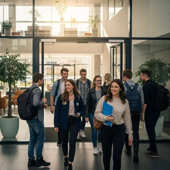 Junge Auszubildende und Studierende mit Rucksäcken betreten ein Gebäude; freundliche, offene Atmosphäre.