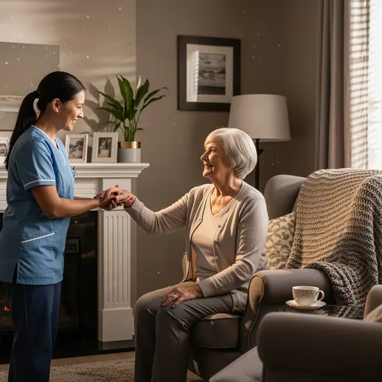 Ältere Frau sitzt in einem gemütlichen Wohnzimmer, eine Pflegekraft hilft beim Aufstehen; warme Lichtstimmung, freundliche Gesten.