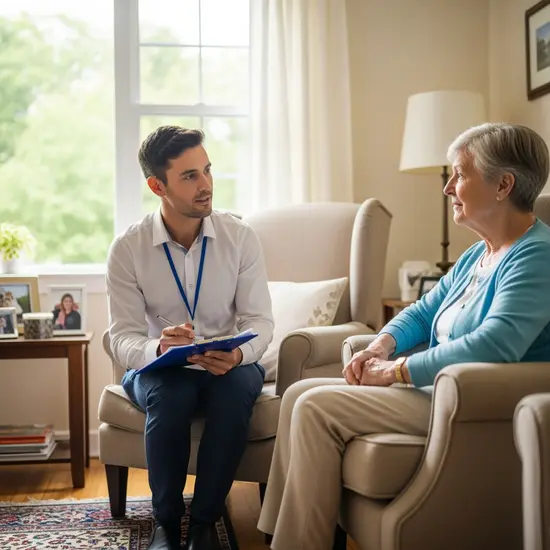 Gutachter des Medizinischen Dienstes führt einen Hausbesuch durch, macht Notizen auf einem Klemmbrett und spricht ruhig mit einem Senior.