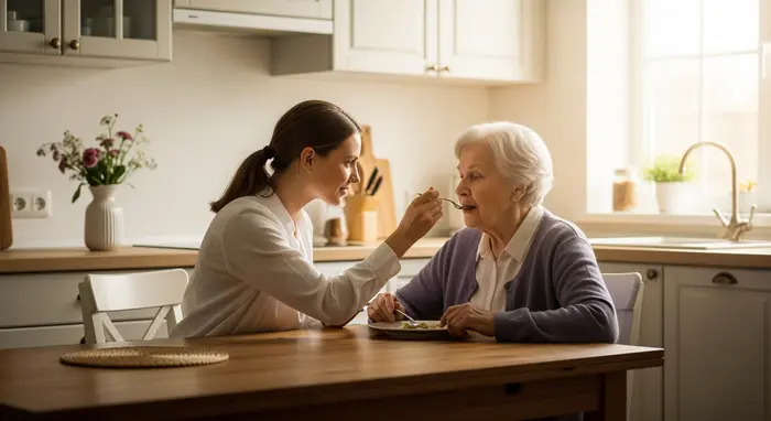 Tochter hilft ihrer älteren Mutter beim Essen in einer hellen Küche; warmes Licht, ruhige Atmosphäre.