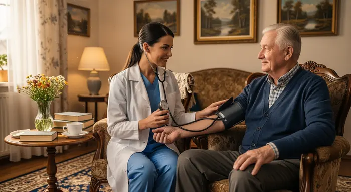 Ambulanter Pflegedienst versorgt einen Senior im Wohnzimmer; Pflegekraft misst Blutdruck, freundlicher Austausch.