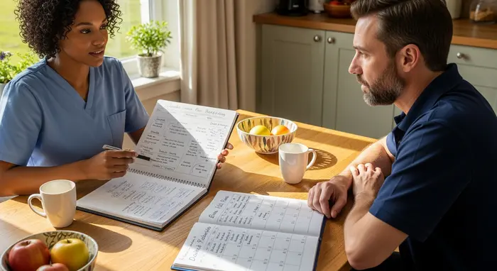 Pflegeperson und ambulanter Dienst besprechen gemeinsam den Pflegeplan am Küchentisch; Notizblock und Kalender liegen bereit.