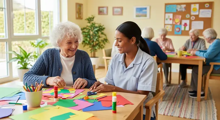 Aktive Seniorin nimmt an einer Tagespflegegruppe teil; gemütlicher Raum, gemeinsames Basteln mit Betreuungskraft.