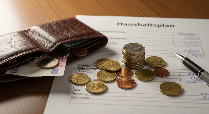 Geldbörse, Münzen und Haushaltsplan liegen auf einem Tisch, symbolisch für Pflegegeld.