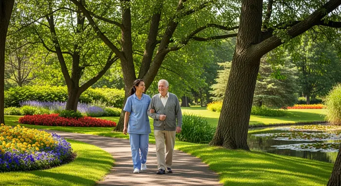 Betreuungskraft begleitet Senior beim Spaziergang im Park; freundliche, naturbetonte Umgebung.