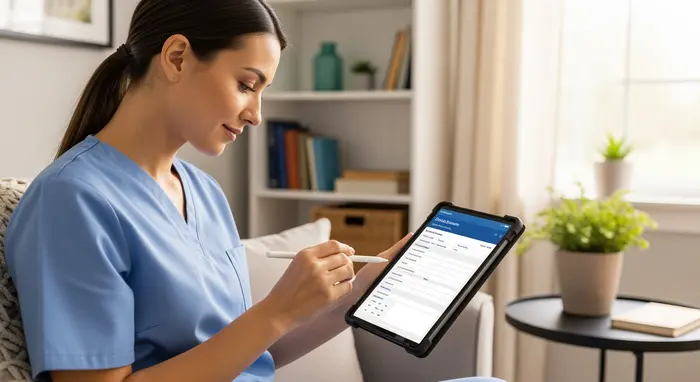 Pflegekraft dokumentiert erbrachte Leistungen auf einem Tablet in der Wohnung.