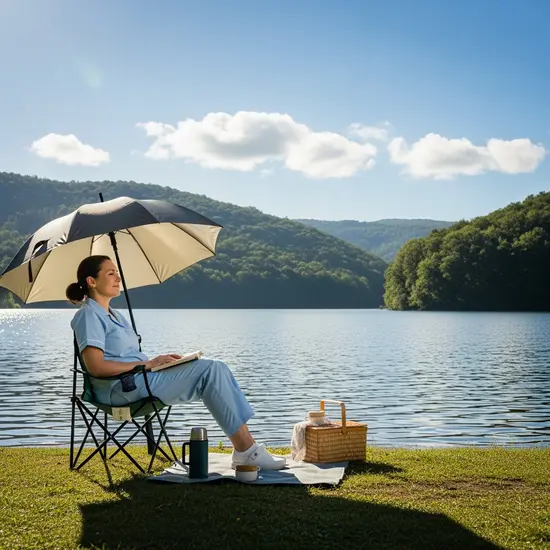 Pflegeperson entspannt am Seeufer während eines kurzen Urlaubs; sonniger Tag, Erholung sichtbar.