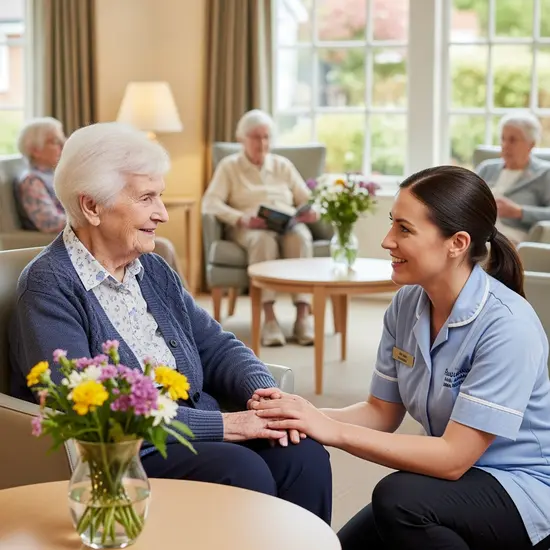 Senior in einer Kurzzeitpflege-Einrichtung wird freundlich von einer Pflegekraft betreut.
