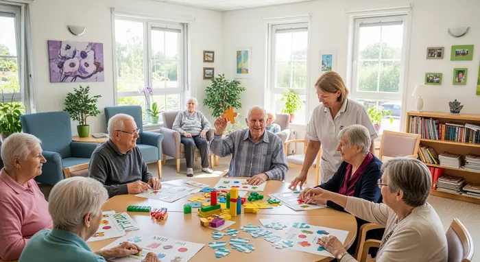 Tagespflege-Raum mit mehreren Senioren bei einer Aktivierungsrunde; helle, freundliche Umgebung.