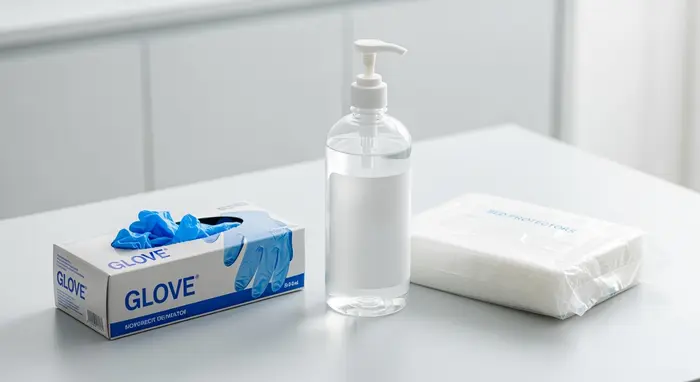 Paket mit Einmalhandschuhen, Desinfektionsmittel und Bettschutzeinlagen auf einer Arbeitsfläche; klare, saubere Darstellung.