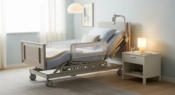 Modernes Pflegebett mit verstellbarem Kopfteil in einem ruhigen Schlafzimmer; Nachttisch daneben.