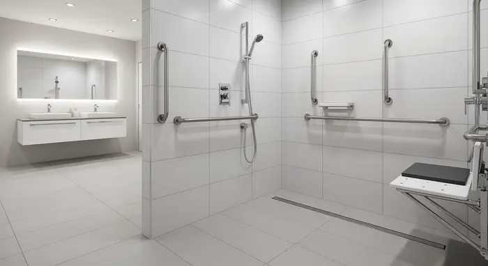 Barrierefreies Badezimmer mit ebenerdiger Dusche, Haltegriffen und Duschsitz; helle, sichere Ausstattung.