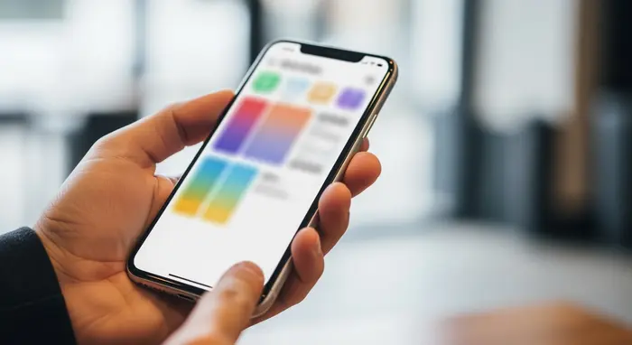 Hand hält ein Smartphone, unscharfe App-Ansicht ohne lesbare Texte; symbolisiert digitale Services.