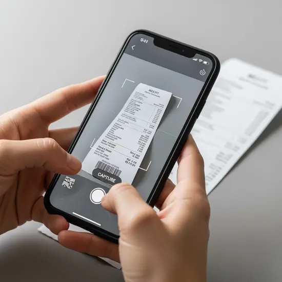 Person fotografiert eine Rechnung mit dem Smartphone für die digitale Einreichung; neutraler Hintergrund.