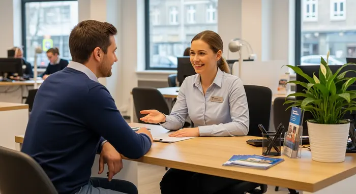 Beratungsgespräch im Servicezentrum: Mitarbeiterin und Versicherter sitzen am Tisch; Flyer ohne lesbaren Text liegen bereit.