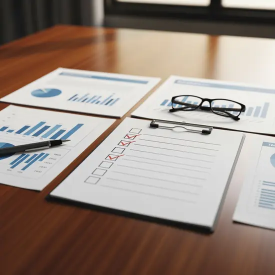 Geordnete Checkliste, Dokumente und eine Brille liegen auf einem Tisch; klare, strukturierte Darstellung.