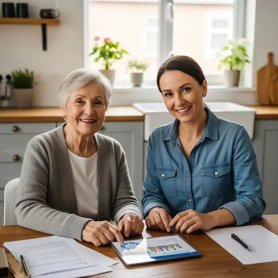 Senior und Angehörige sitzen zu Hause und lächeln; beide wirken informiert und zuversichtlich.