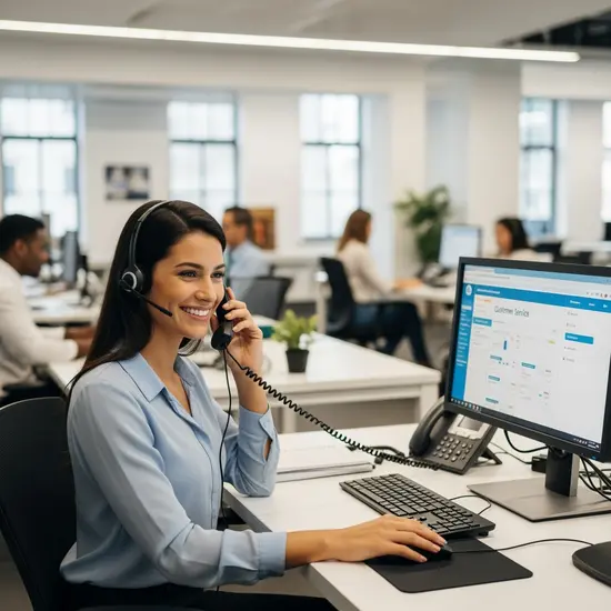 Mitarbeiter im Service-Center telefoniert mit Headset und lächelt freundlich; offene, helle Arbeitsumgebung.