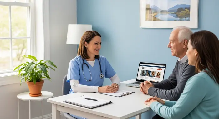 Freundliche Pflegeberaterin sitzt mit Senior und Angehöriger an einem hellen Schreibtisch, Unterlagen und Stift liegen bereit, ein einladendes Büroambiente.