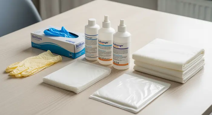 Pflegehilfsmittel wie Einmalhandschuhe, Desinfektionsmittel und Bettschutzeinlagen ordentlich auf einem Tisch angeordnet.